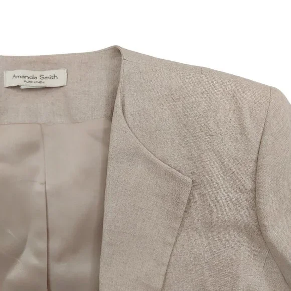 Amanda Smith Blazer Womens 8 Tan Pure Linen Belted Lined Single Button Casual - Picture 9 of 12